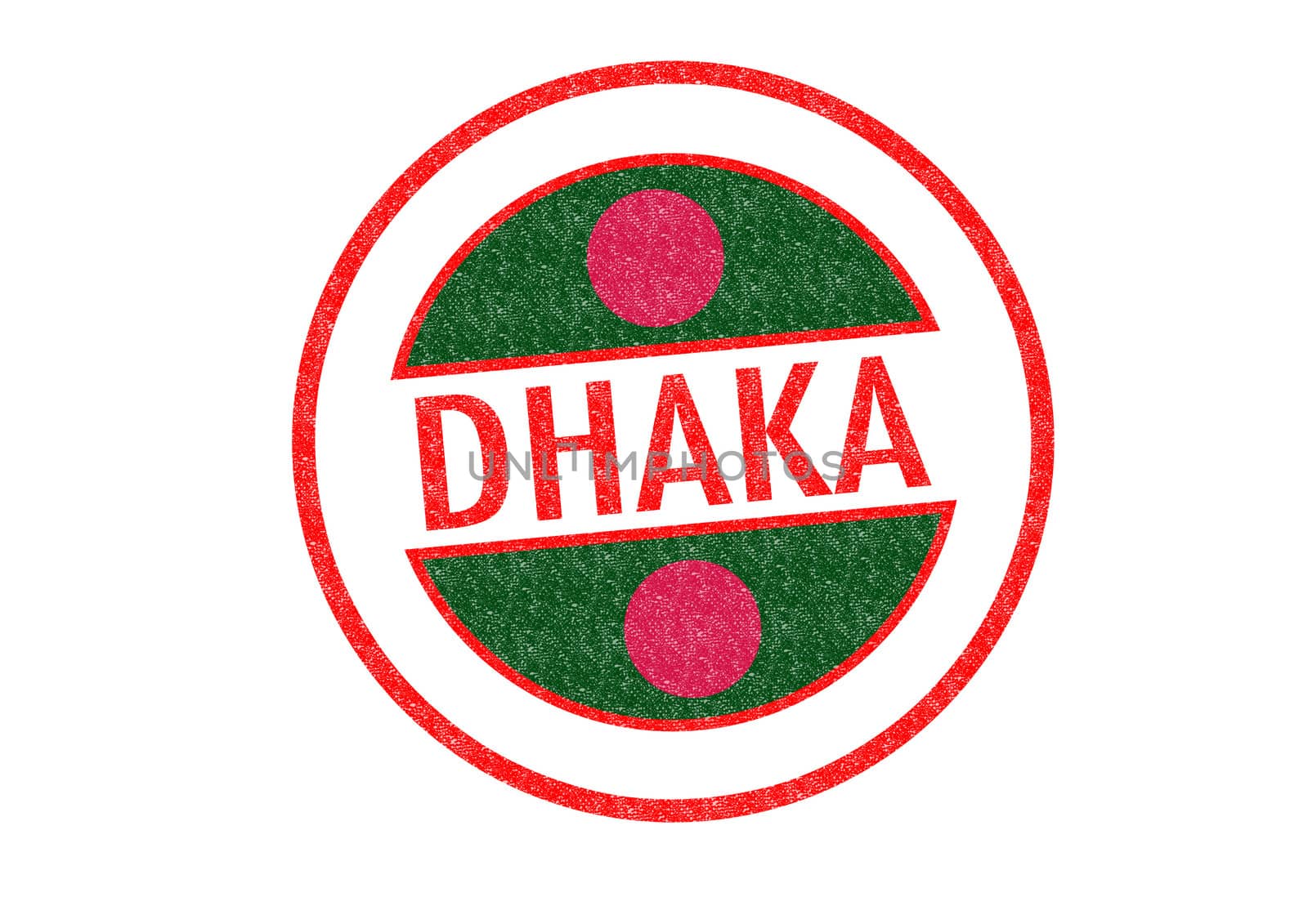 Passport-style DHAKA (capital of Bangladesh) rubber stamp over a white background.