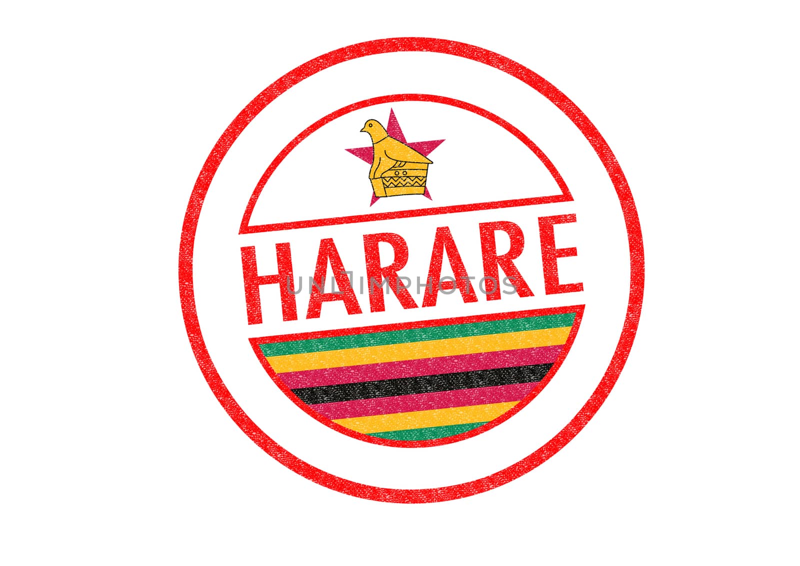 Passport-style HARARE (Zimbabwe) rubber stamp over a white background.