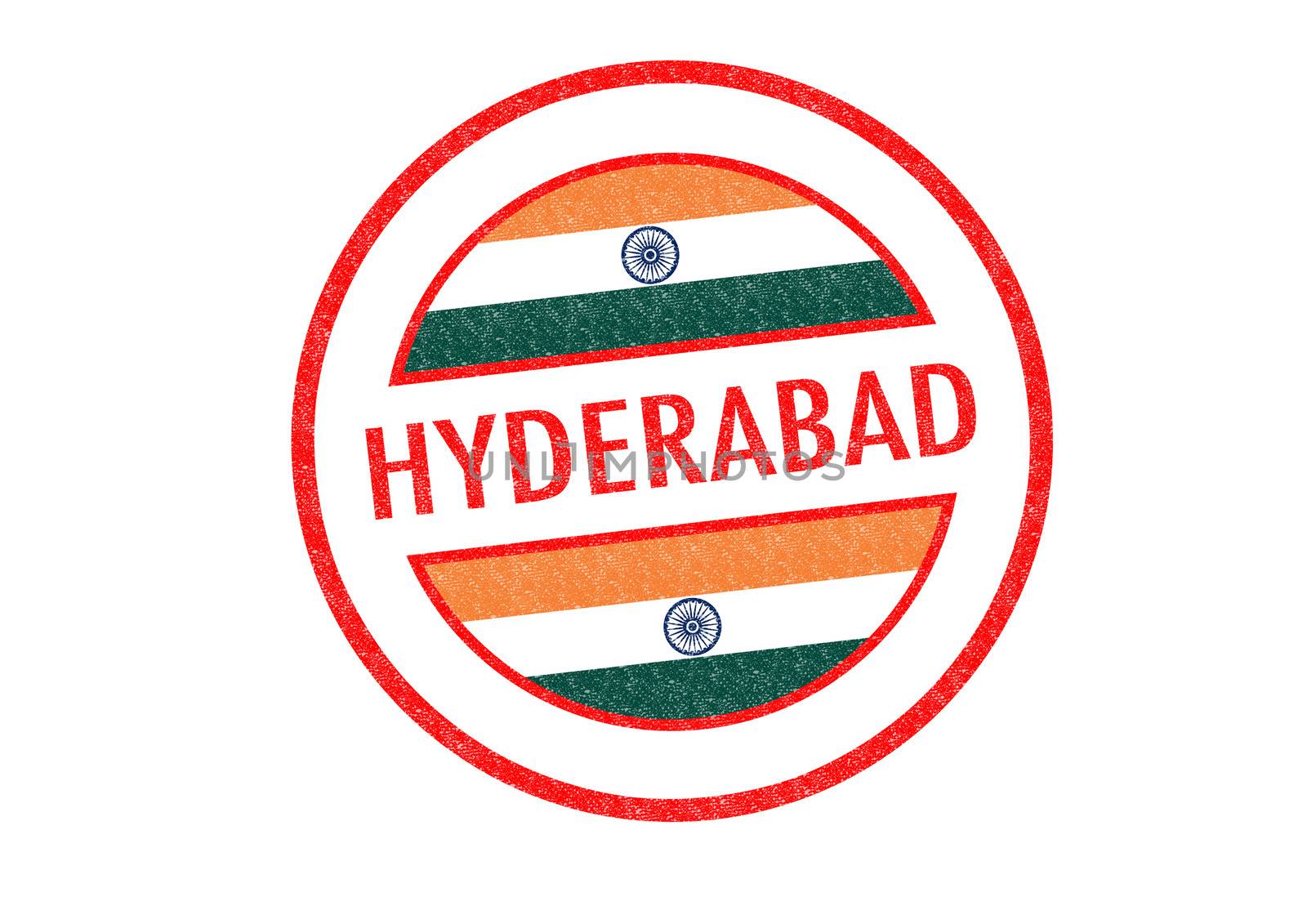 Passport-style HYDERABAD (India) rubber stamp over a white background.