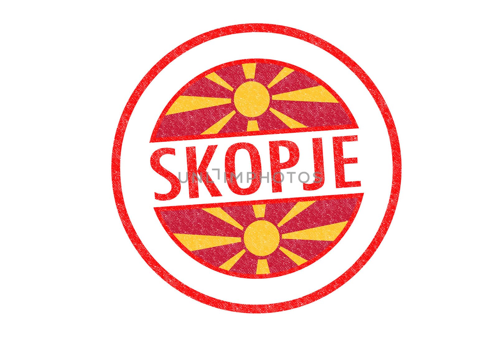 Passport-style SKOPJE (capital of Macedonia) rubber stamp over a white background.