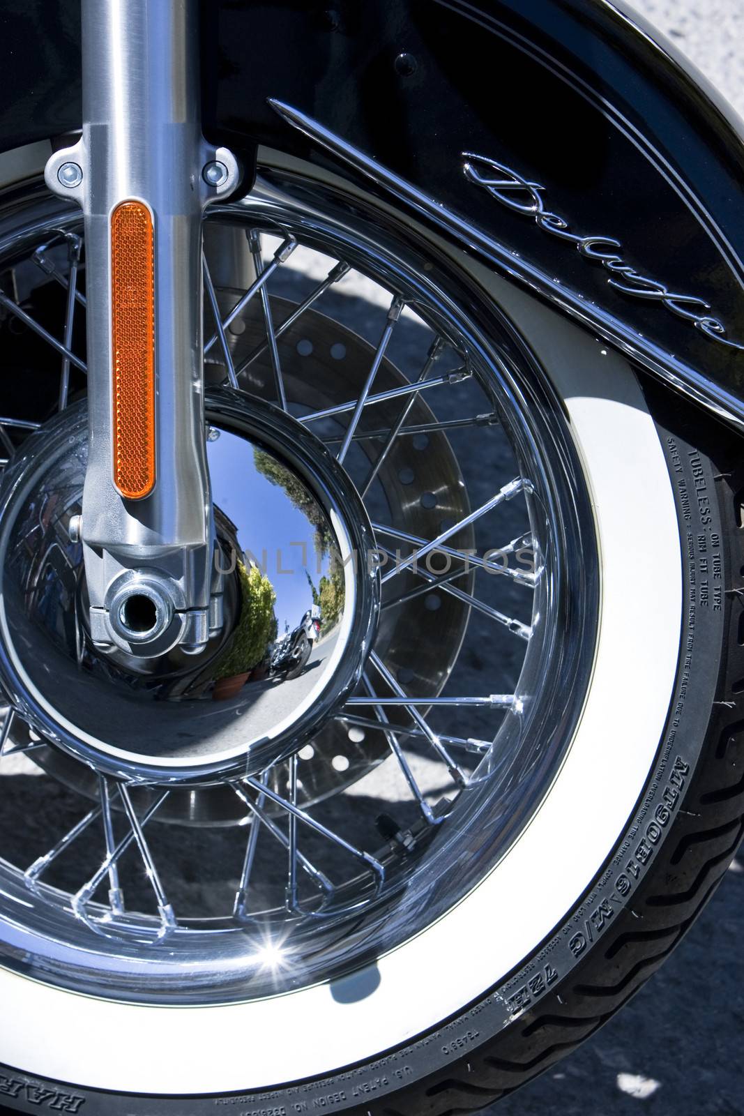 Motorbike's chromed engine. Bikes in a street