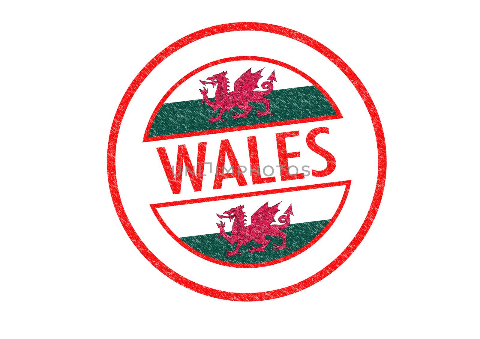 Passport-style WALES rubber stamp over a white background.