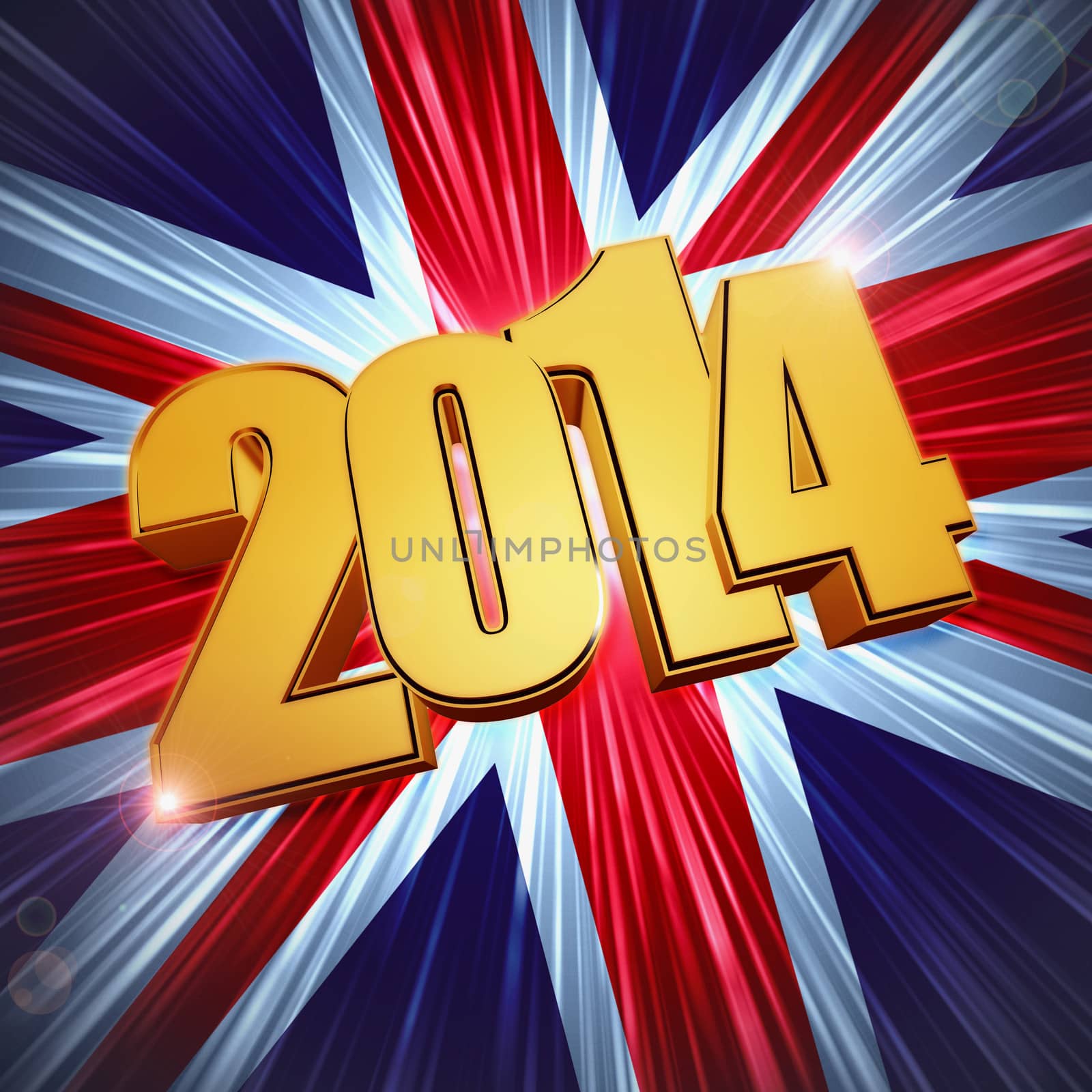 new year 2014 - 3d golden figures with rays and shining United Kingdom flag, Union Jack