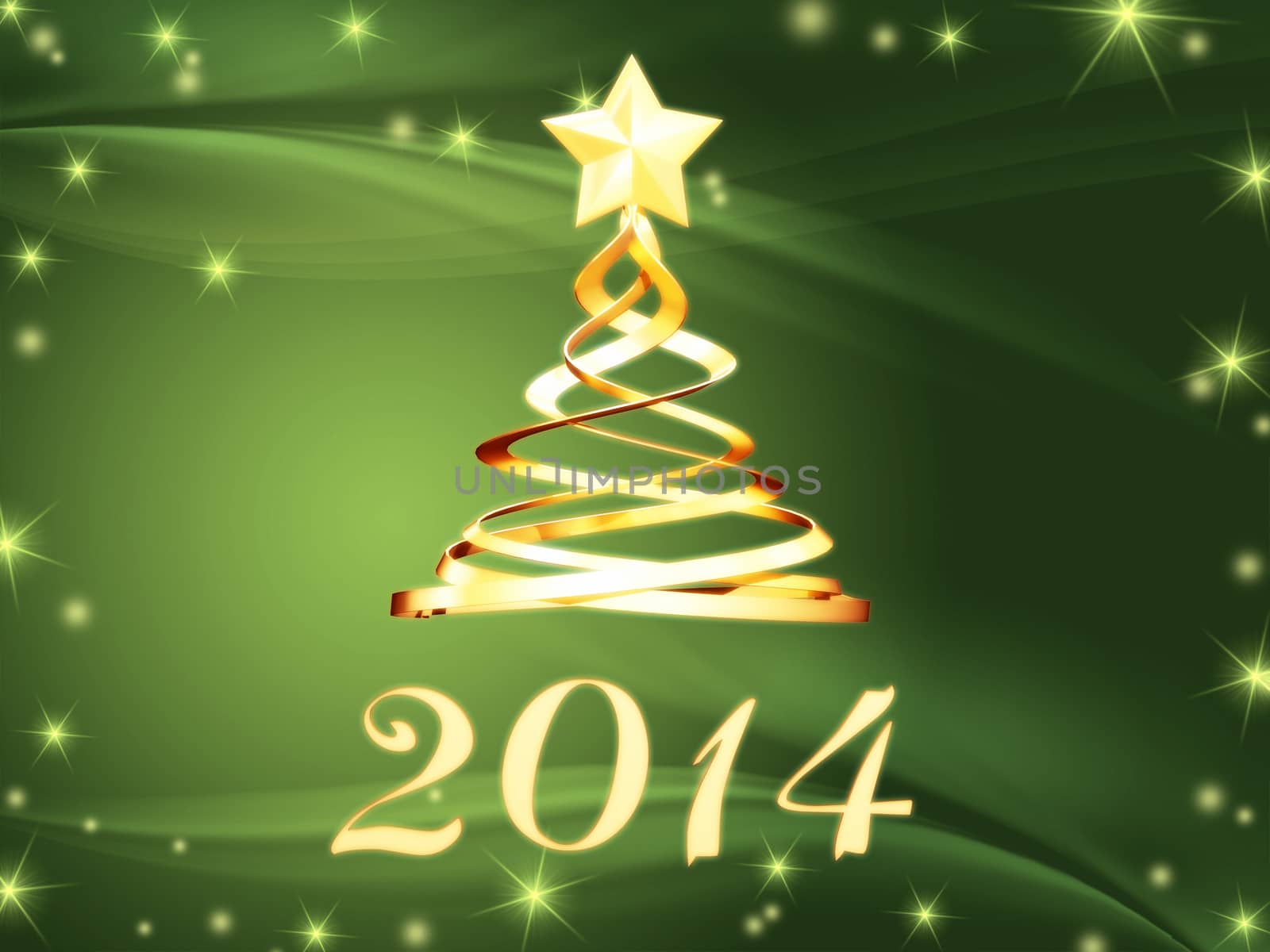 new year 2014 and golden christmas tree over green background with stars