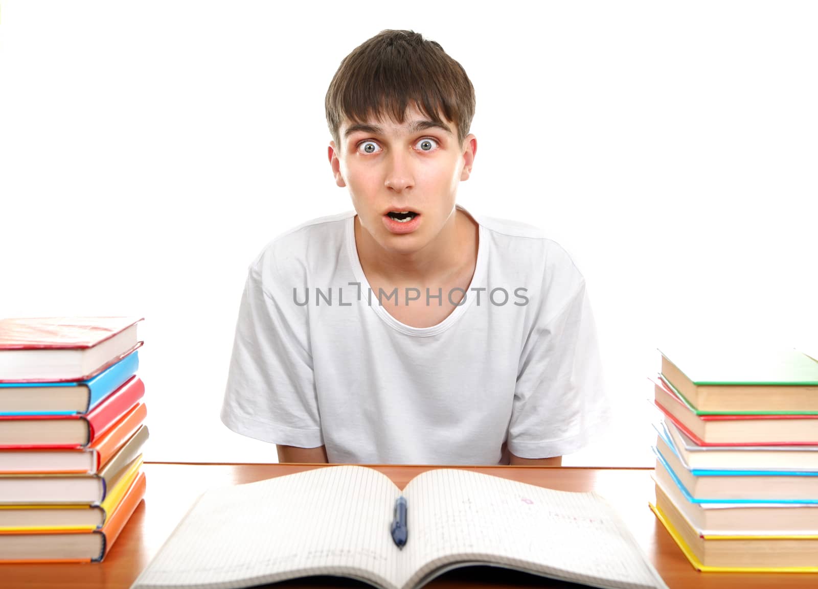 Surprised Student on the School Desk Isolated On the White Background