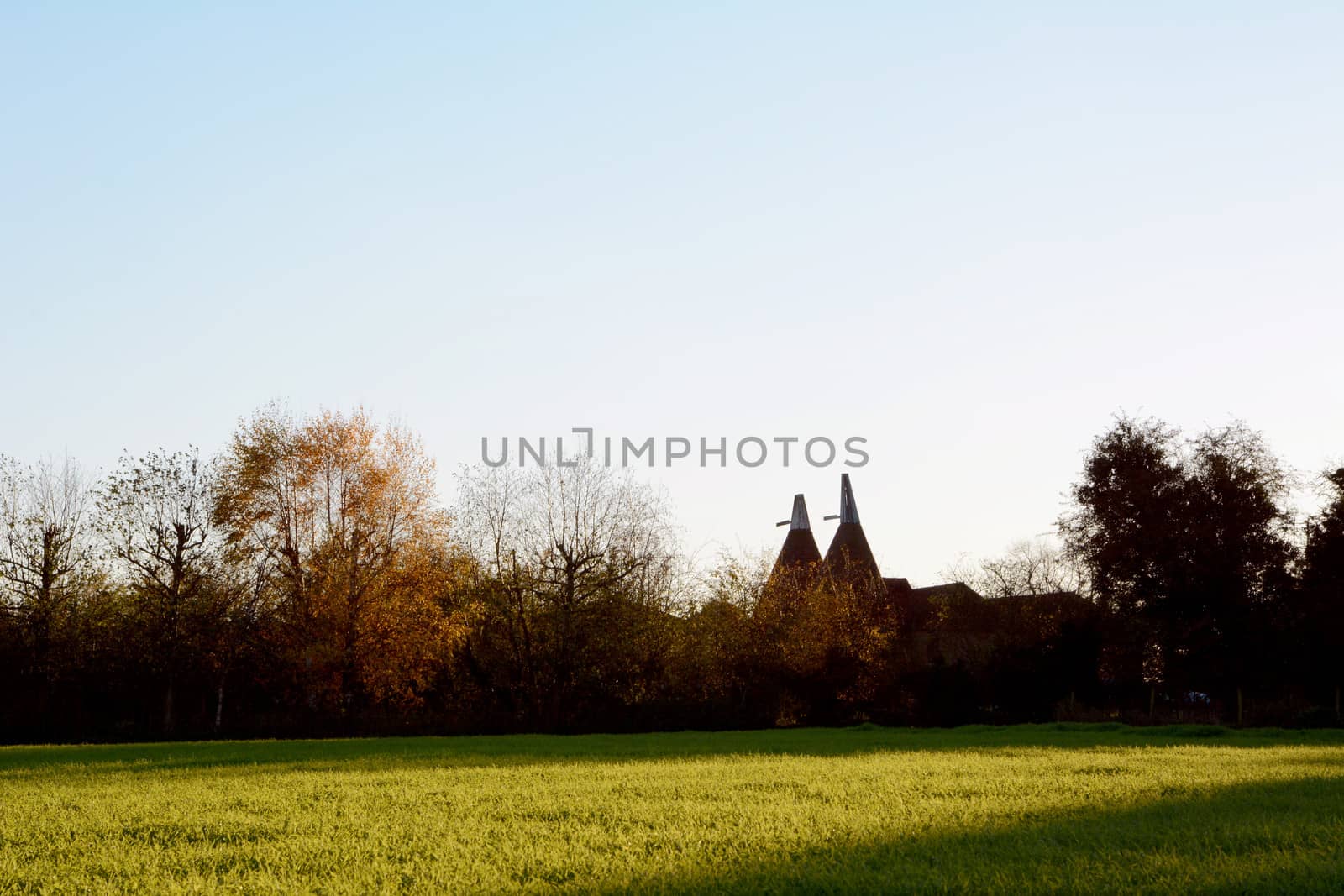 Two oast houses in rural Kent in the autumn setting sun
