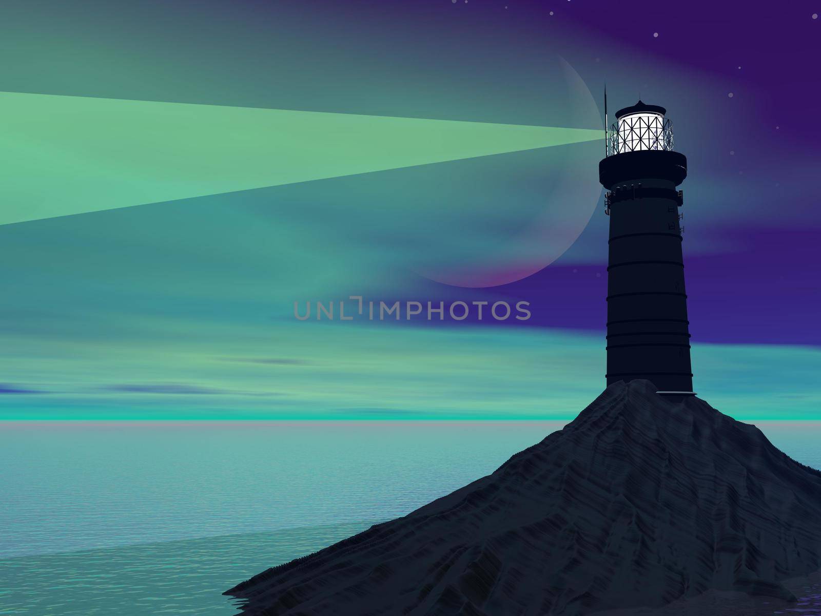 Shadow of a lighthouse by green night with moon