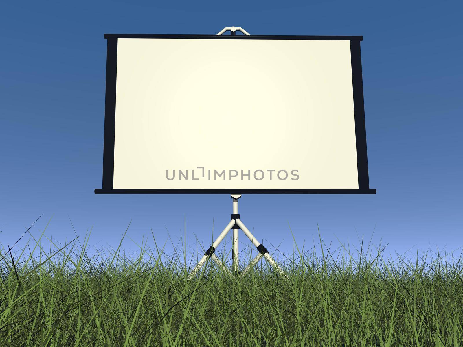 Empty white projection screen in nature with green grass and blue sky