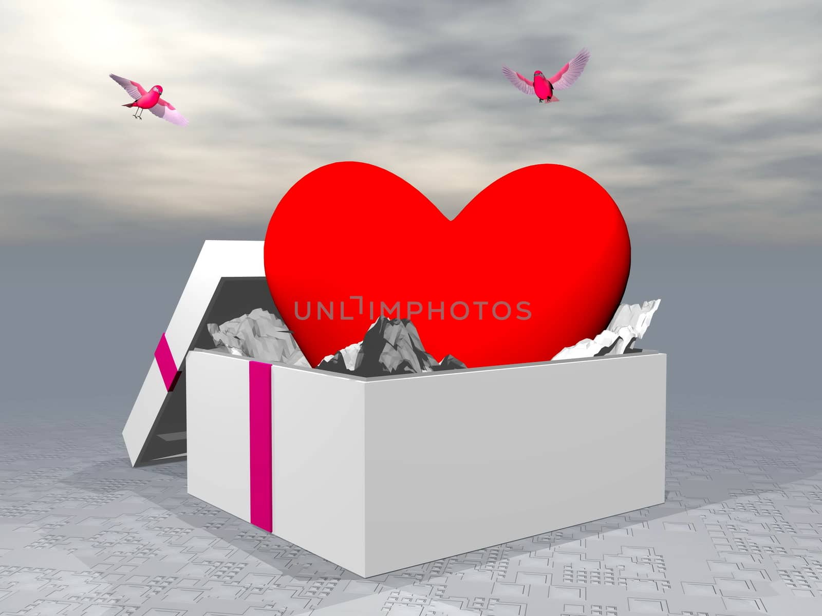 Heart shape in a gift box and two birds flying around