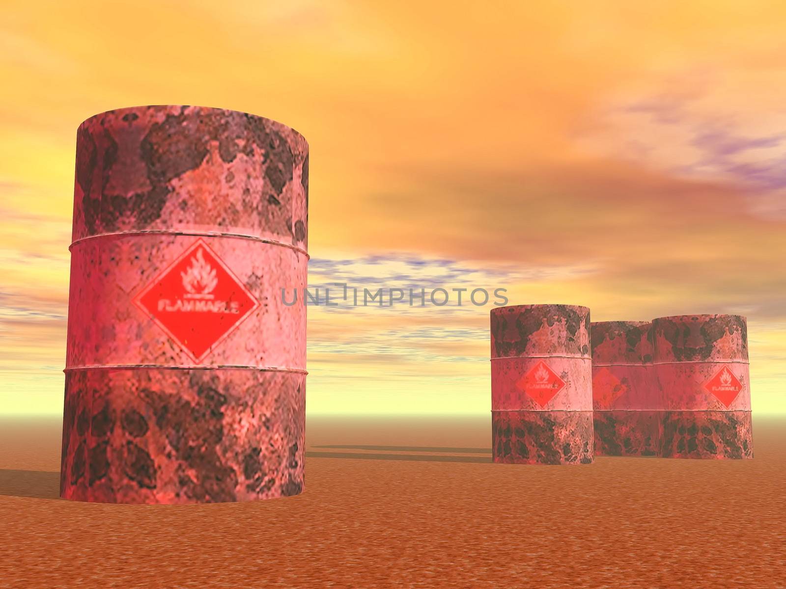 Three barrels with flame sign on the ground by sunset light