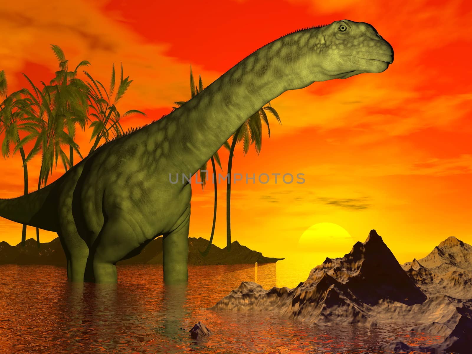 Big argentinosaurus dinosaur standing in water next to palm trees and looking at the beautiful sunset
