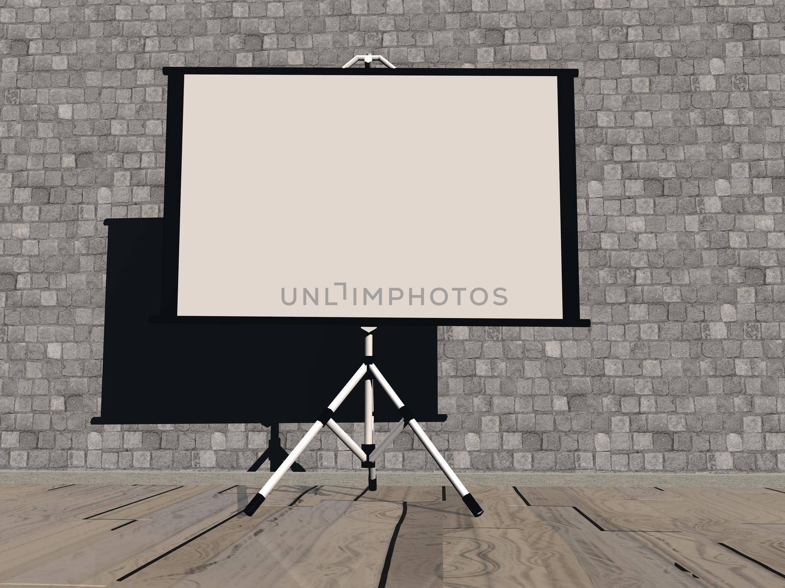 Empty white projection screen on the wallpaper background