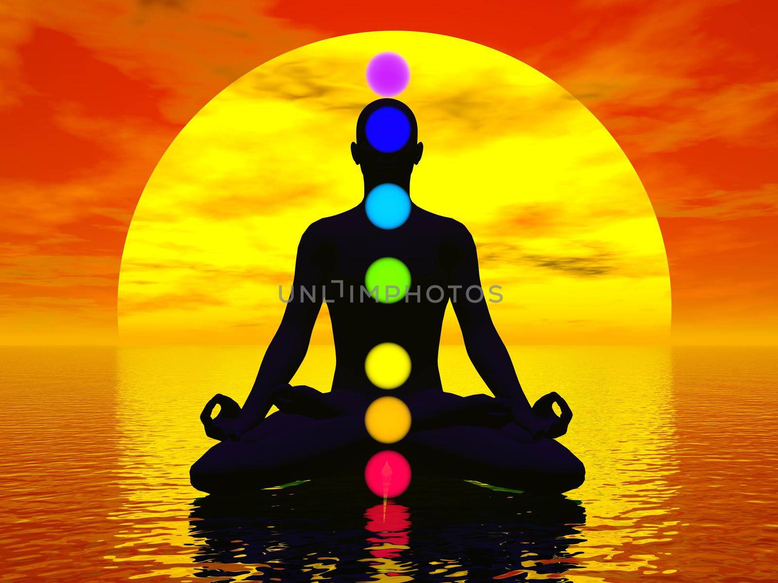 Silhouette of a man meditating with seven colorful chakras upon ocean by red sunset