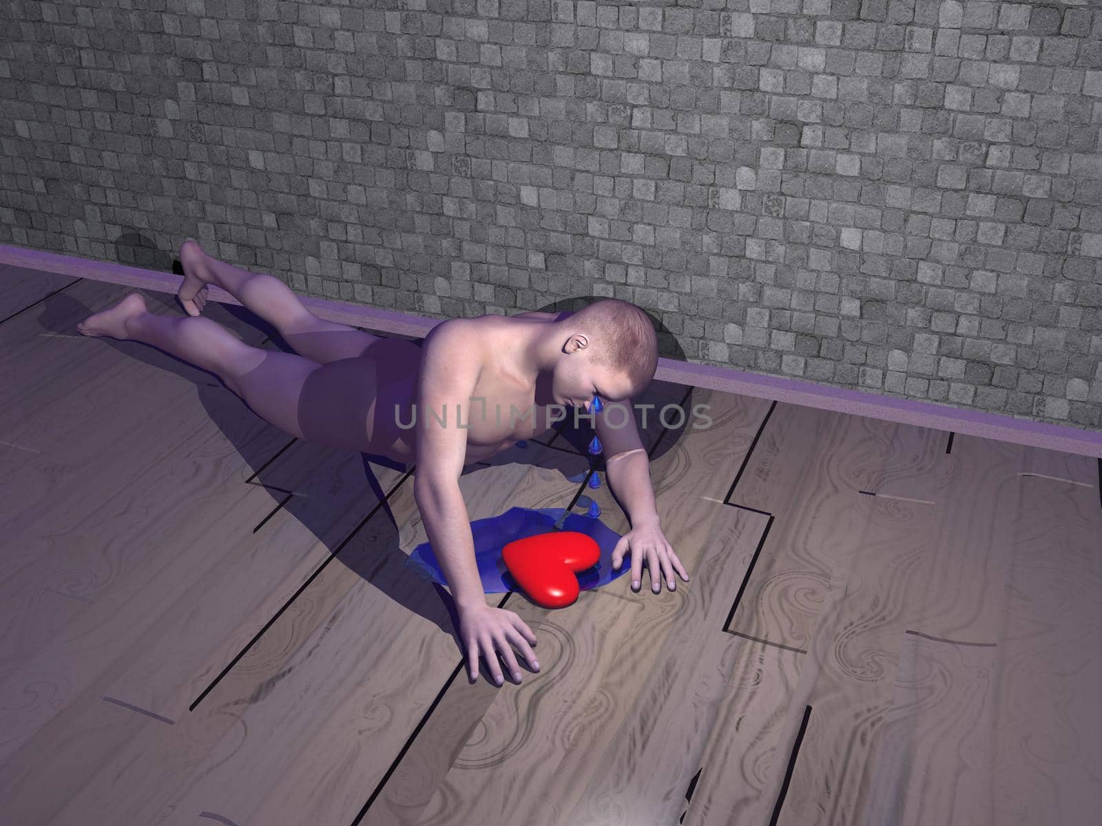 Man in a room lying on the floor and crying upon red heart
