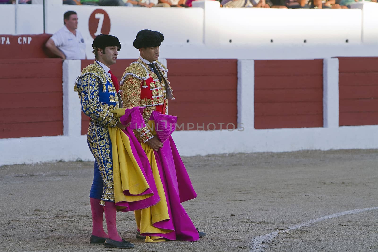 Spanish Bullfighter Morante de la Puebla and Jose Maria Manzanares with the Cape in the Bullfight, Linares, Jaen, Spain, 28 august 2010