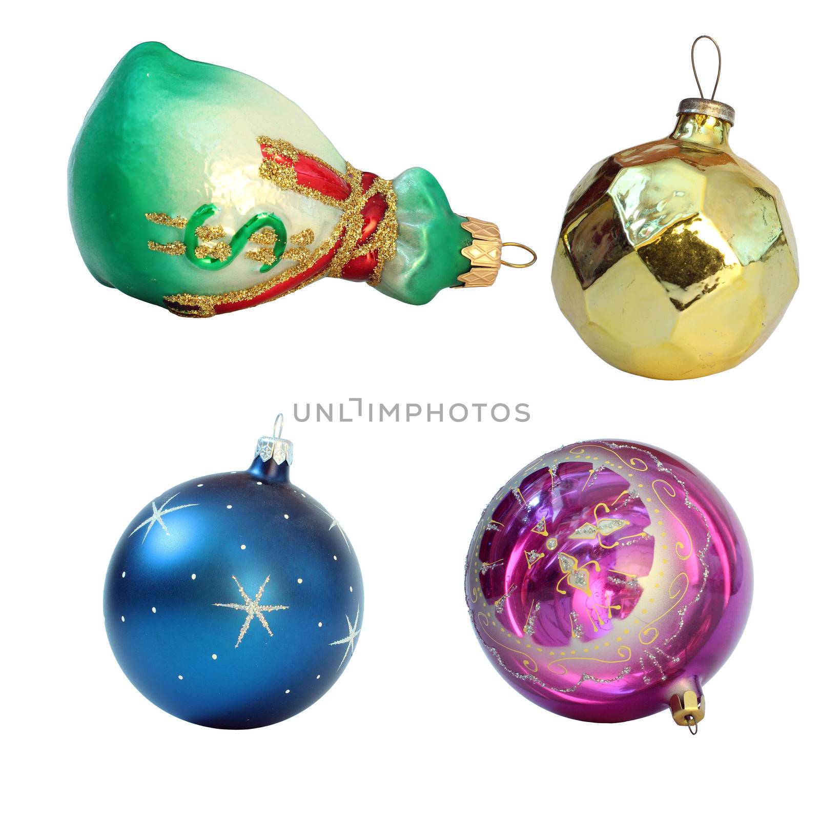 Christmas toys. Isolated on white background. Balls and money bag