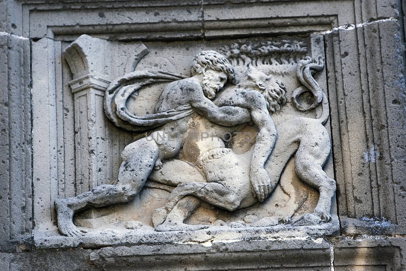 Hercules fighting against the centaur, relief of the Front of the chapel of El Salvador of Ubeda, Jaen province, Spain
