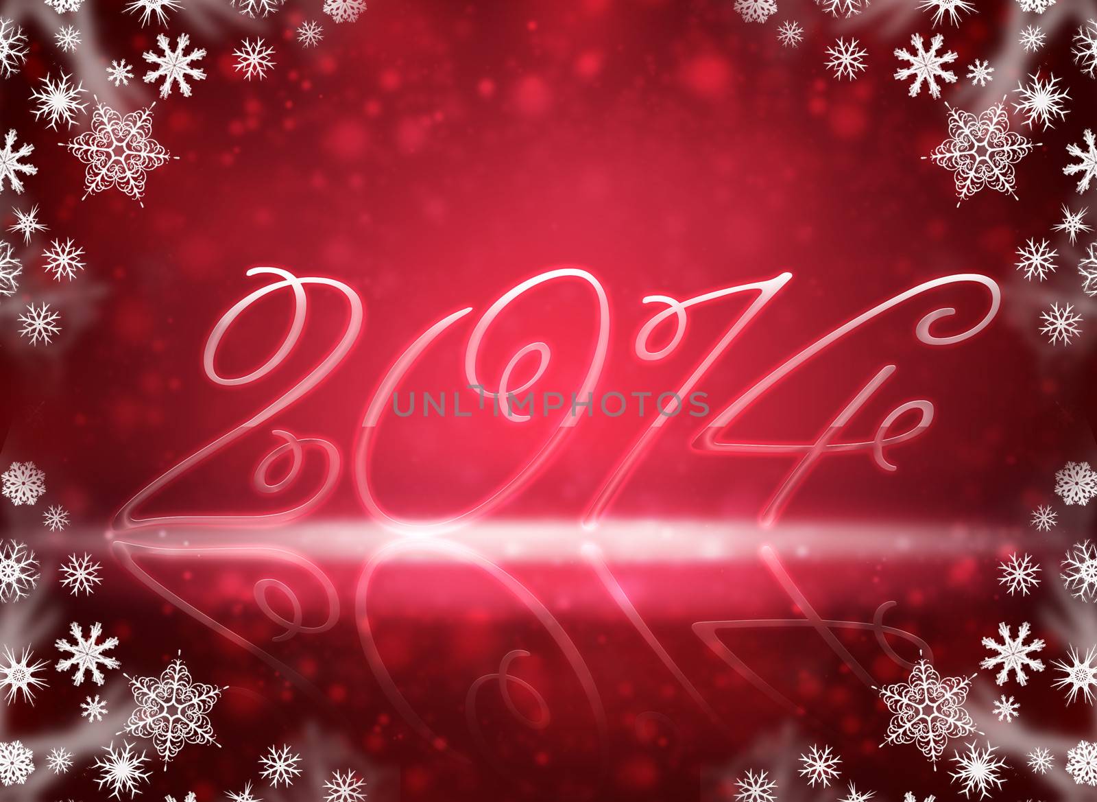 Christmas background is. 2014 with reflections and snowflakes on a red background