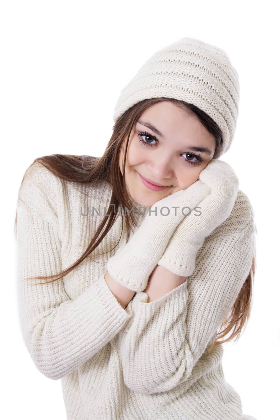 Pretty teenage girl in knitted mitten and hat by Angel_a