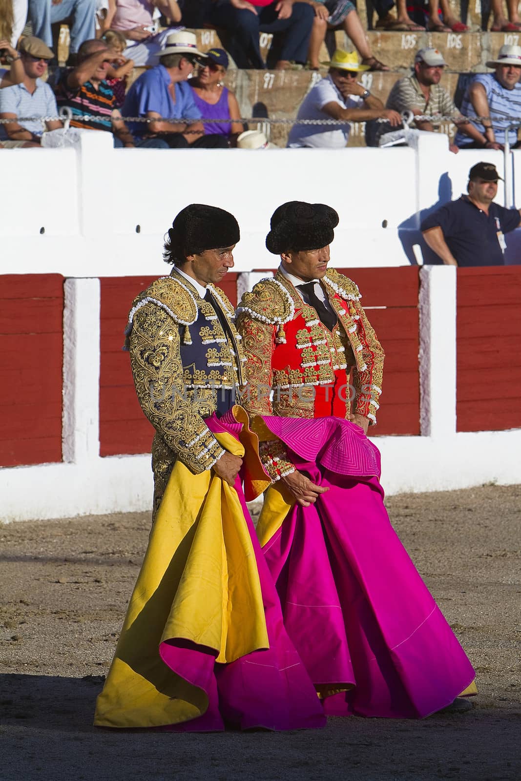 Spanish Bullfighter Curro Diaz and Jose Maria Manzanares with the Cape in the Bullfight, Linares, Jaen, Spain, 28 august 2010