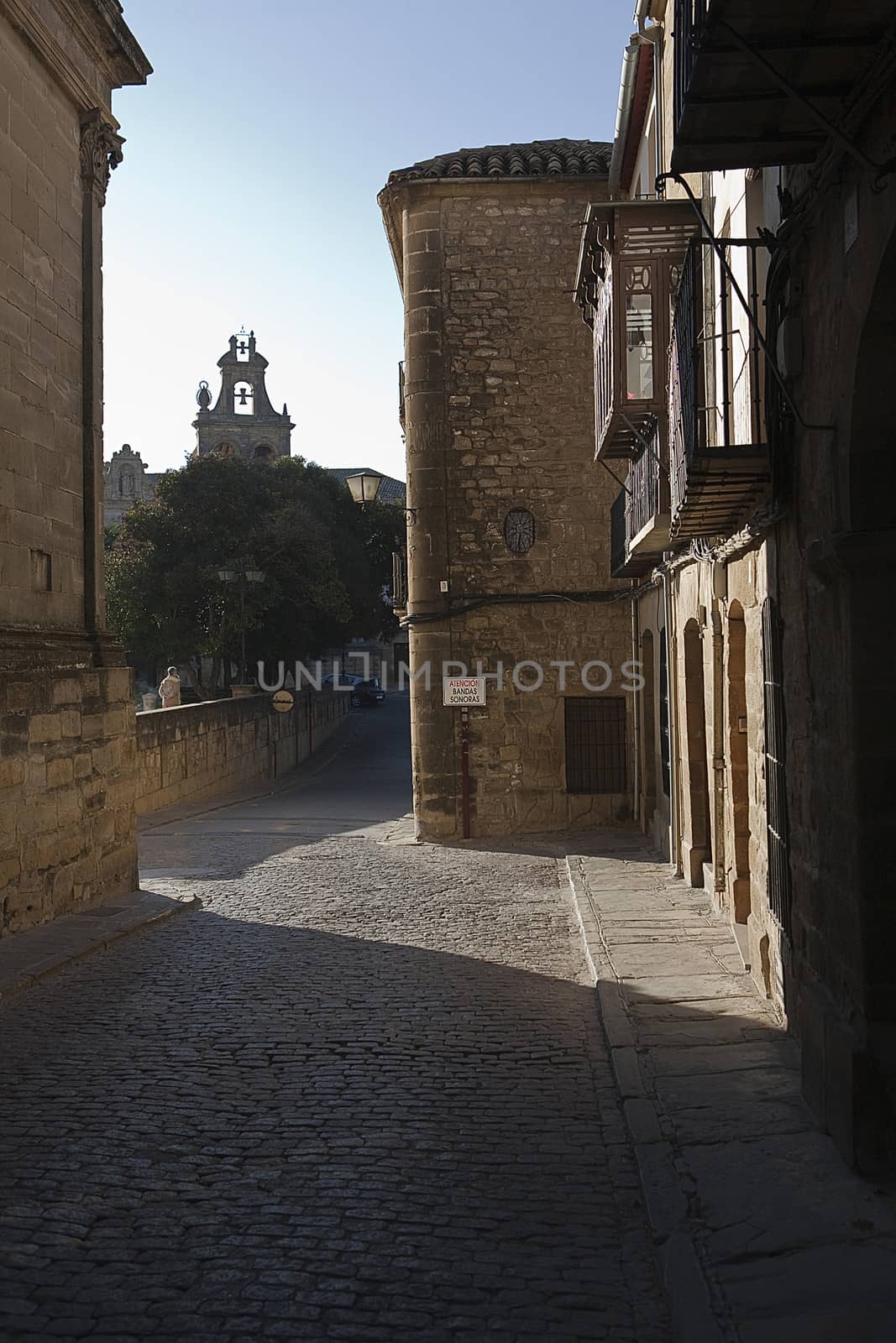Corner in Real street and two bellfry of Church of Santa Maria de los Reales Alcazares, Ubeda, Jaen province, Spain