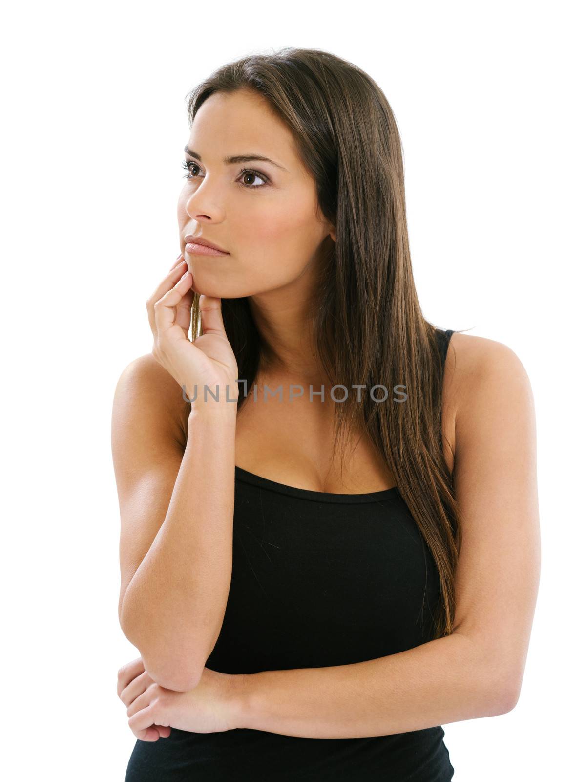 Photo of a beautiful young woman thinking with hand on chin over white background.