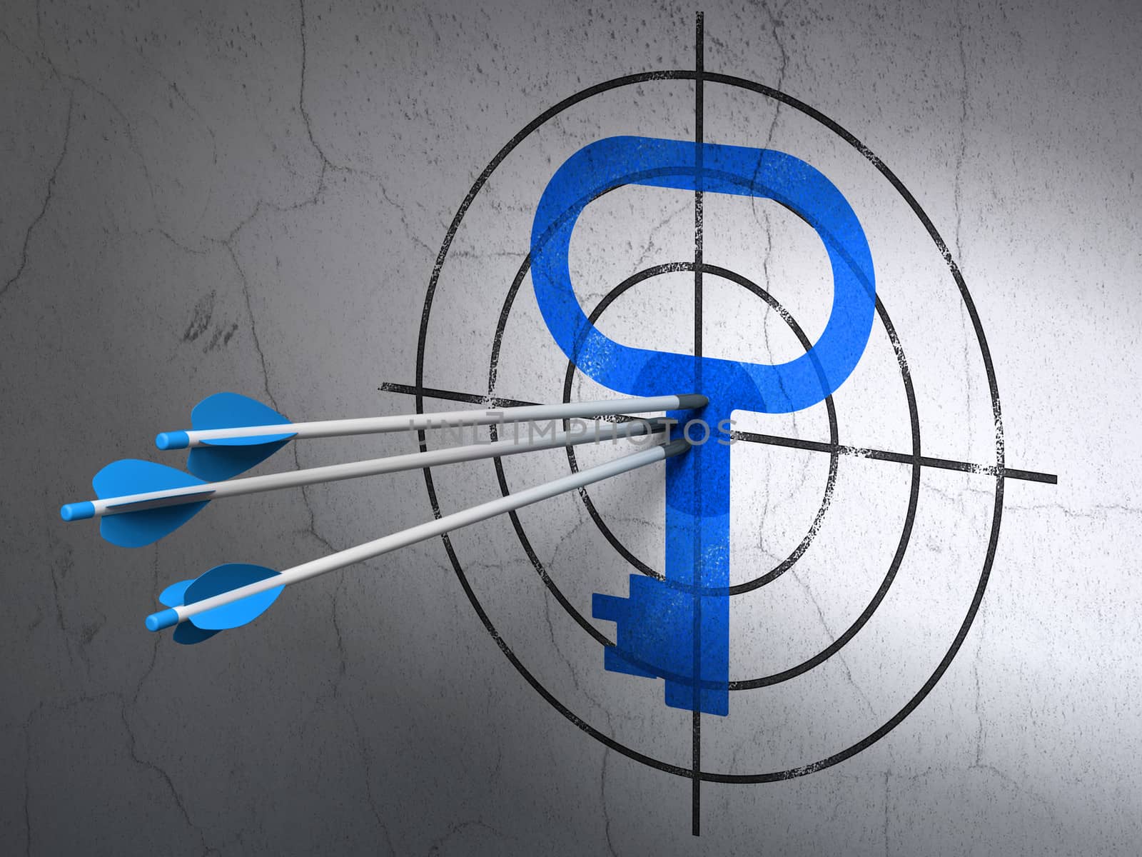 Success safety concept: arrows hitting the center of Blue Key target on wall background, 3d render