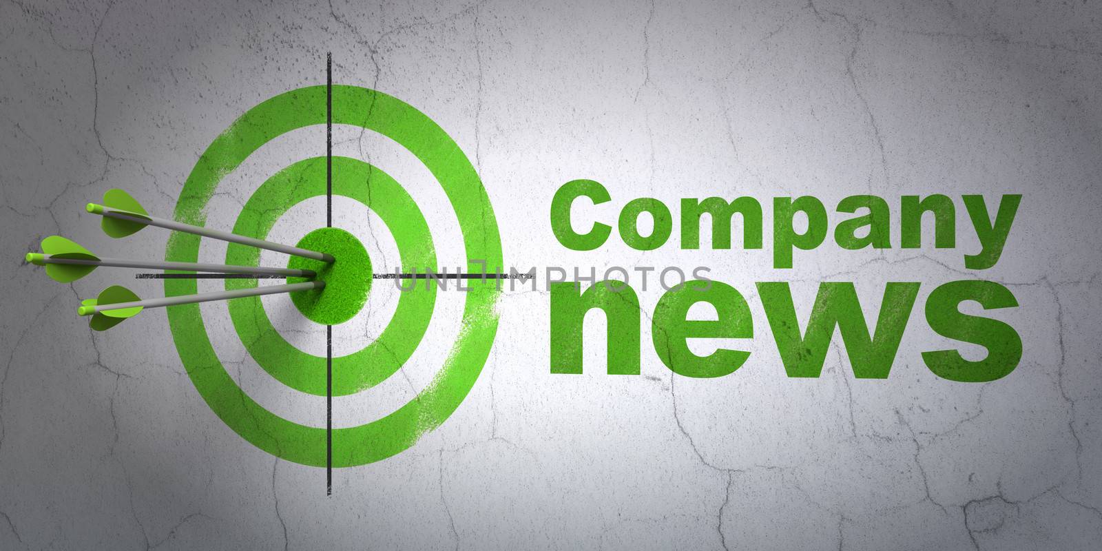 Success news concept: arrows hitting the center of target, Green Company News on wall background, 3d render