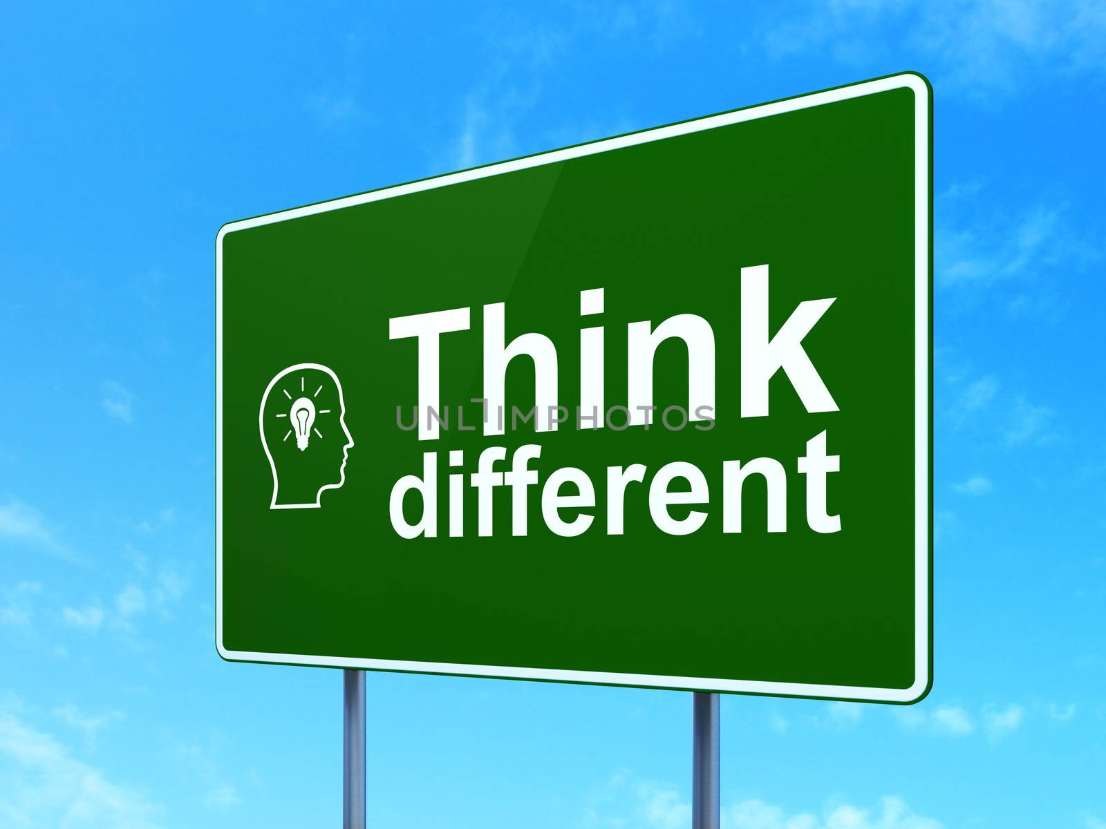 Education concept: Think Different and Head With Lightbulb icon on green road (highway) sign, clear blue sky background, 3d render