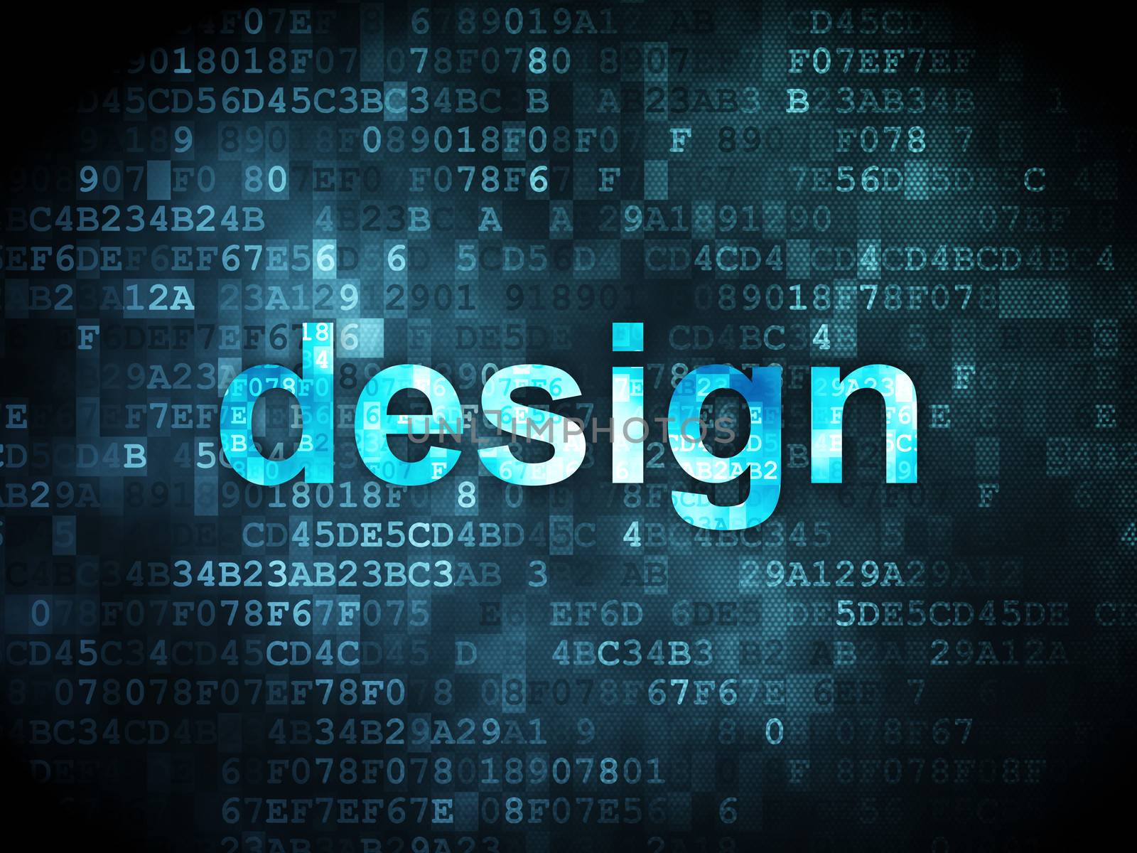 Marketing concept: pixelated words Design on digital background, 3d render