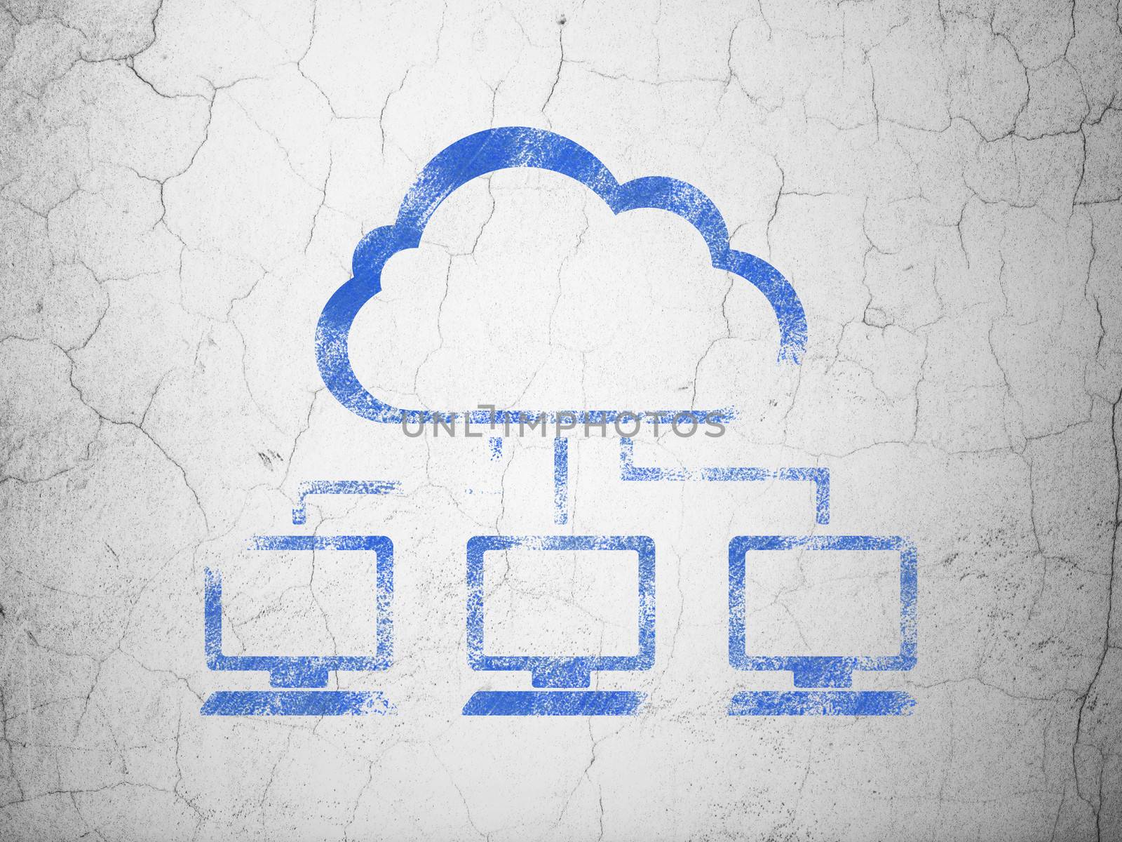 Cloud computing concept: Blue Cloud Network on textured concrete wall background, 3d render