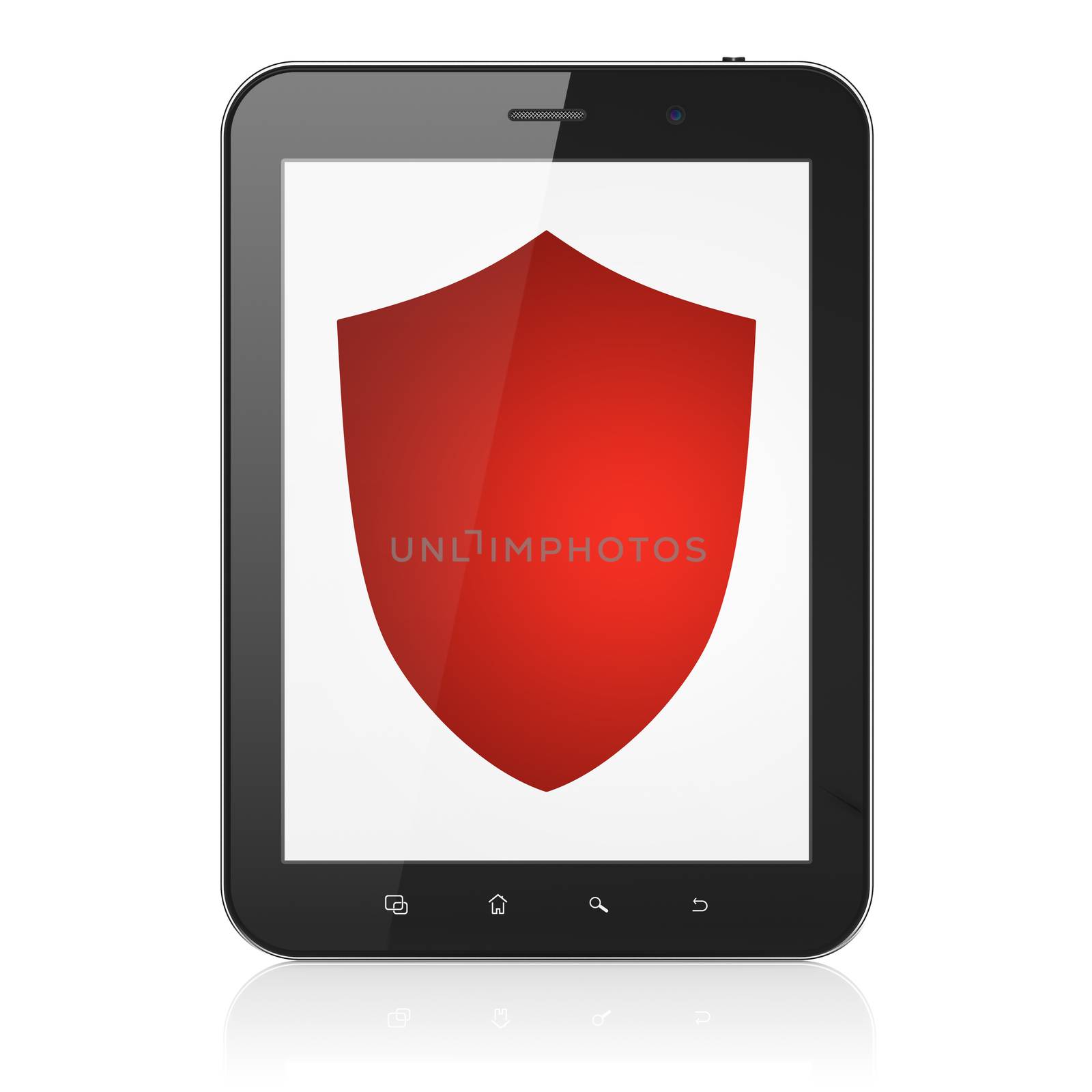 Security concept: black tablet pc computer with Shield icon on display. Modern portable touch pad on White background, 3d render