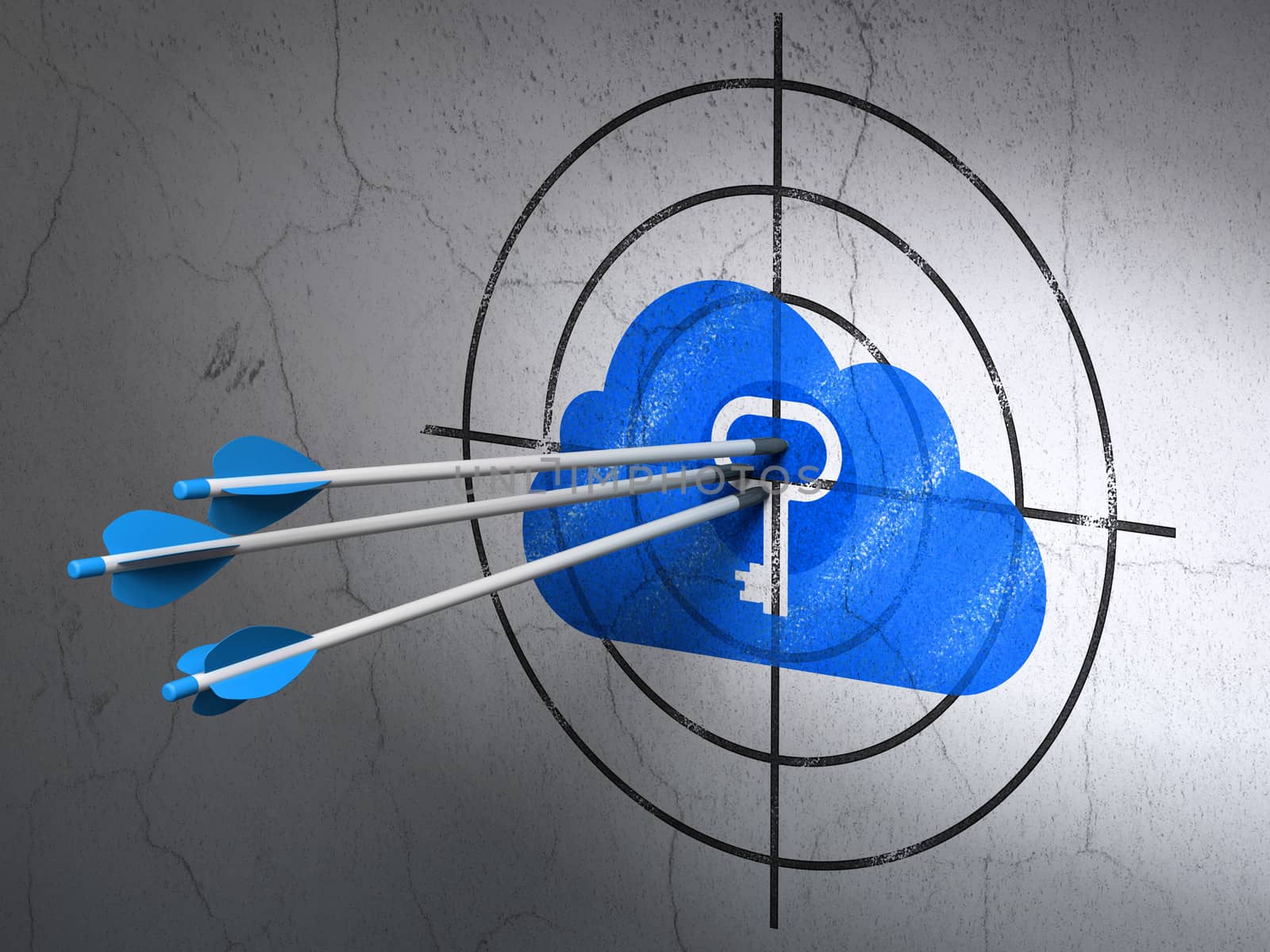 Success cloud networking concept: arrows hitting the center of Blue Cloud With Key target on wall background, 3d render