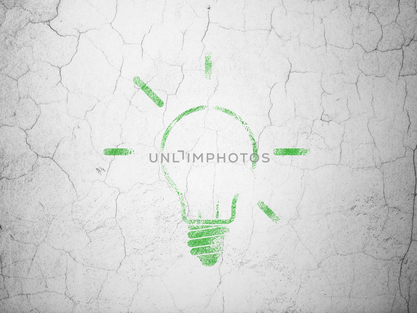 Business concept: Green Light Bulb on textured concrete wall background, 3d render