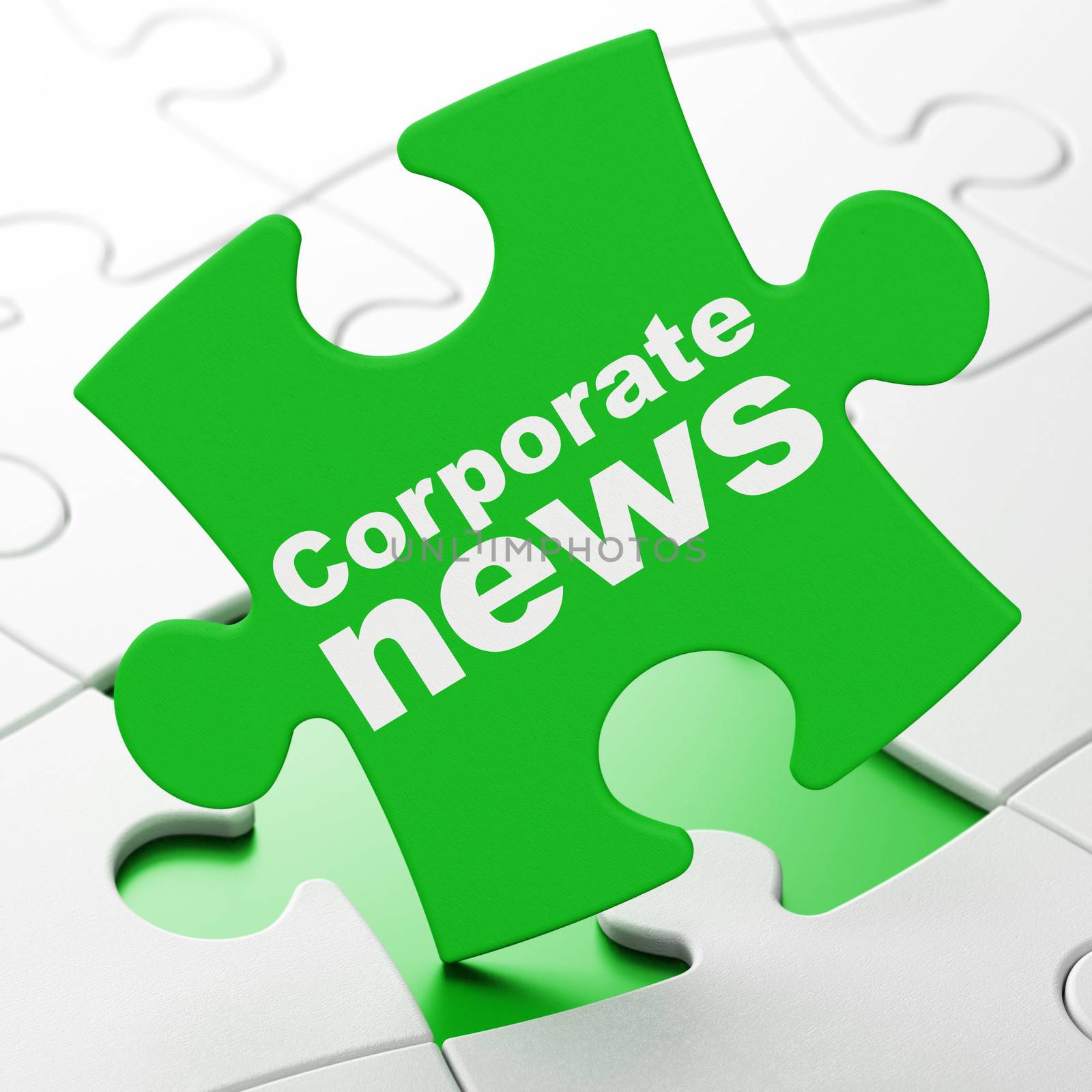 News concept: Corporate News on Green puzzle pieces background, 3d render