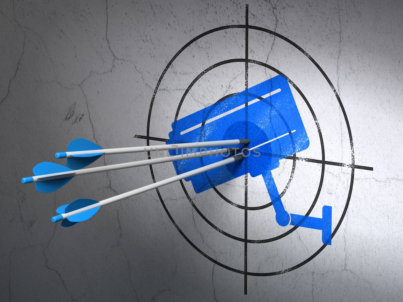Success protection concept: arrows hitting the center of Blue Cctv Camera target on wall background, 3d render