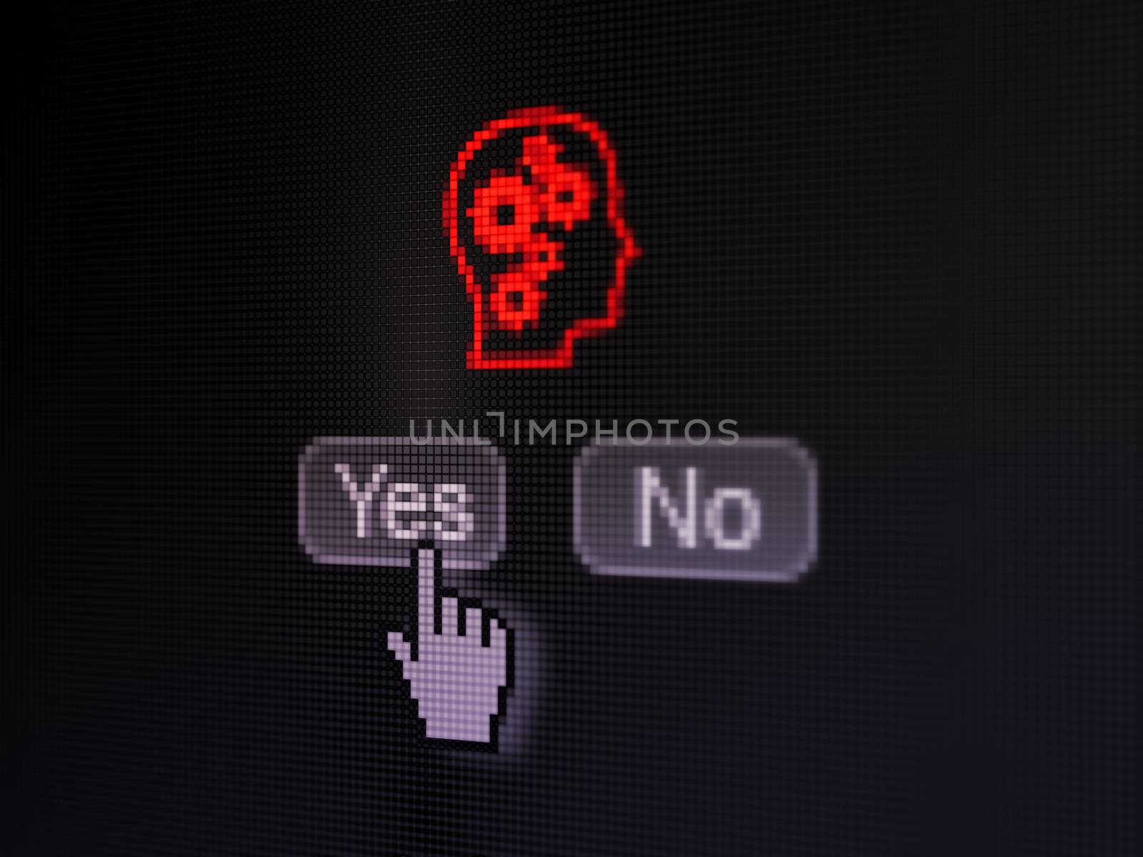 Data concept: buttons yes and no with pixelated Head With Gears icon and Hand cursor on digital computer screen, selected focus 3d render