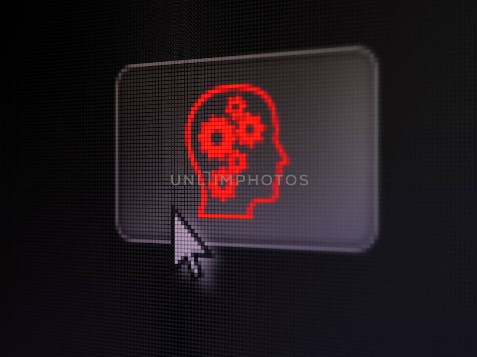 Data concept: pixelated Head With Gears on button with Arrow cursor on digital computer screen, selected focus 3d render