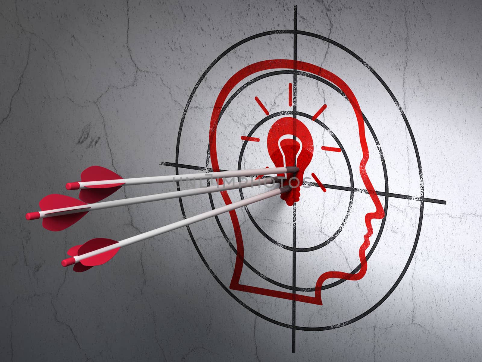 Success business concept: arrows hitting the center of Red Head With Lightbulb target on wall background, 3d render