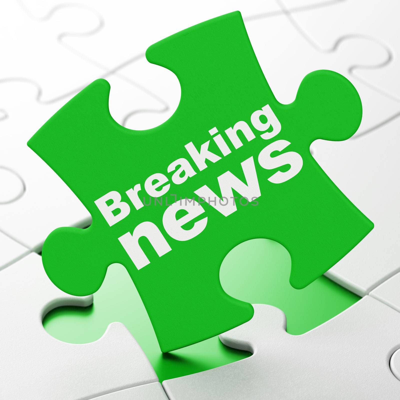 News concept: Breaking News on Green puzzle pieces background, 3d render