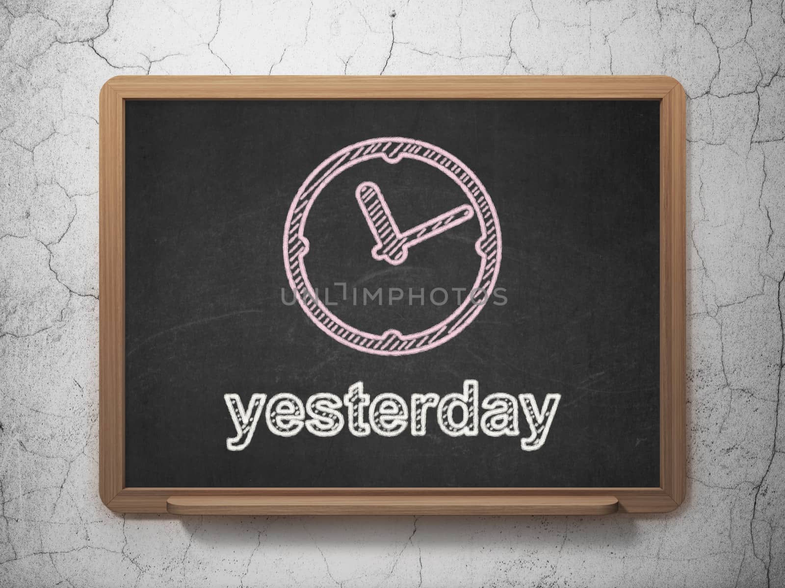 Time concept: Clock icon and text Yesterday on Black chalkboard on grunge wall background, 3d render
