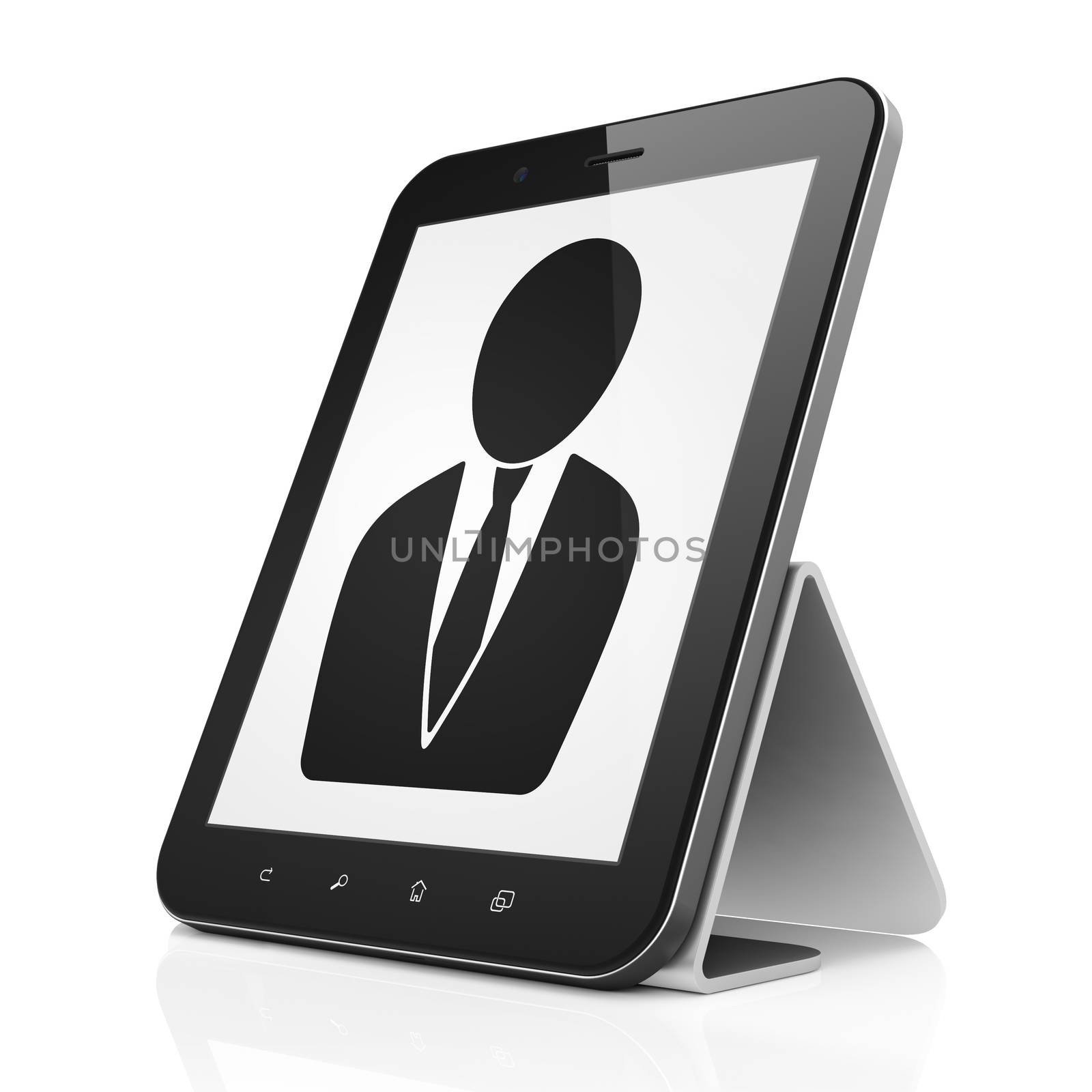 Marketing concept: black tablet pc computer with Business Man icon on display. Modern portable touch pad on White background, 3d render