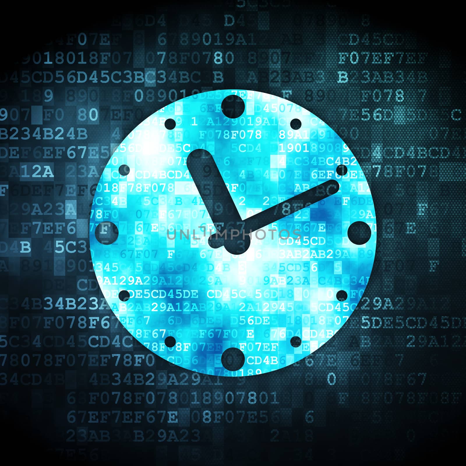 Time concept: pixelated Clock icon on digital background, 3d render