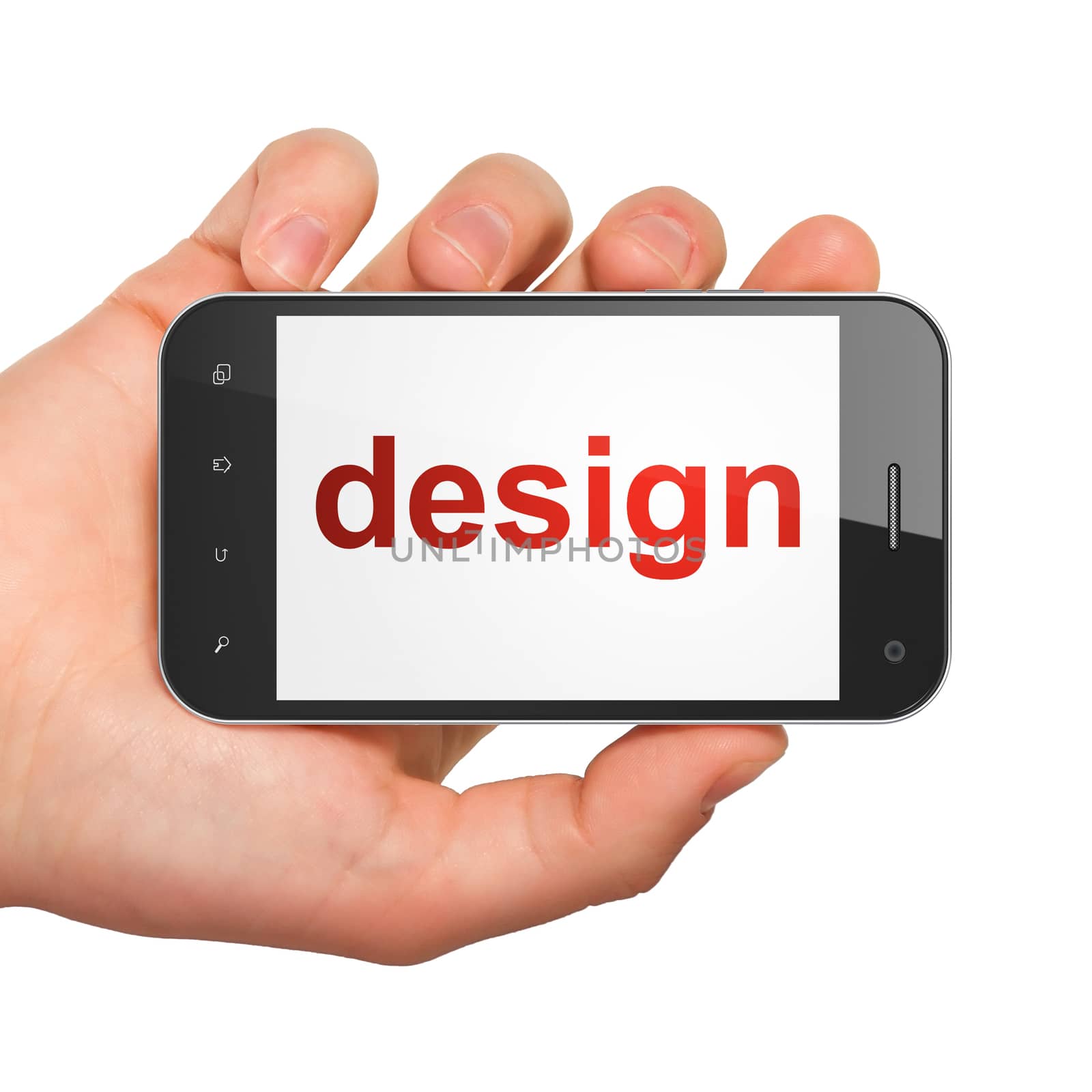 Advertising concept: hand holding smartphone with word Design on display. Mobile smart phone on White background, 3d render