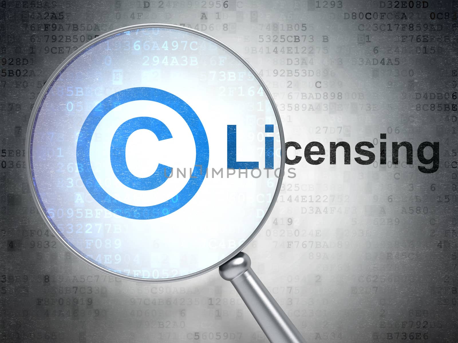 Law concept: magnifying optical glass with Copyright icon and Licensing word on digital background, 3d render