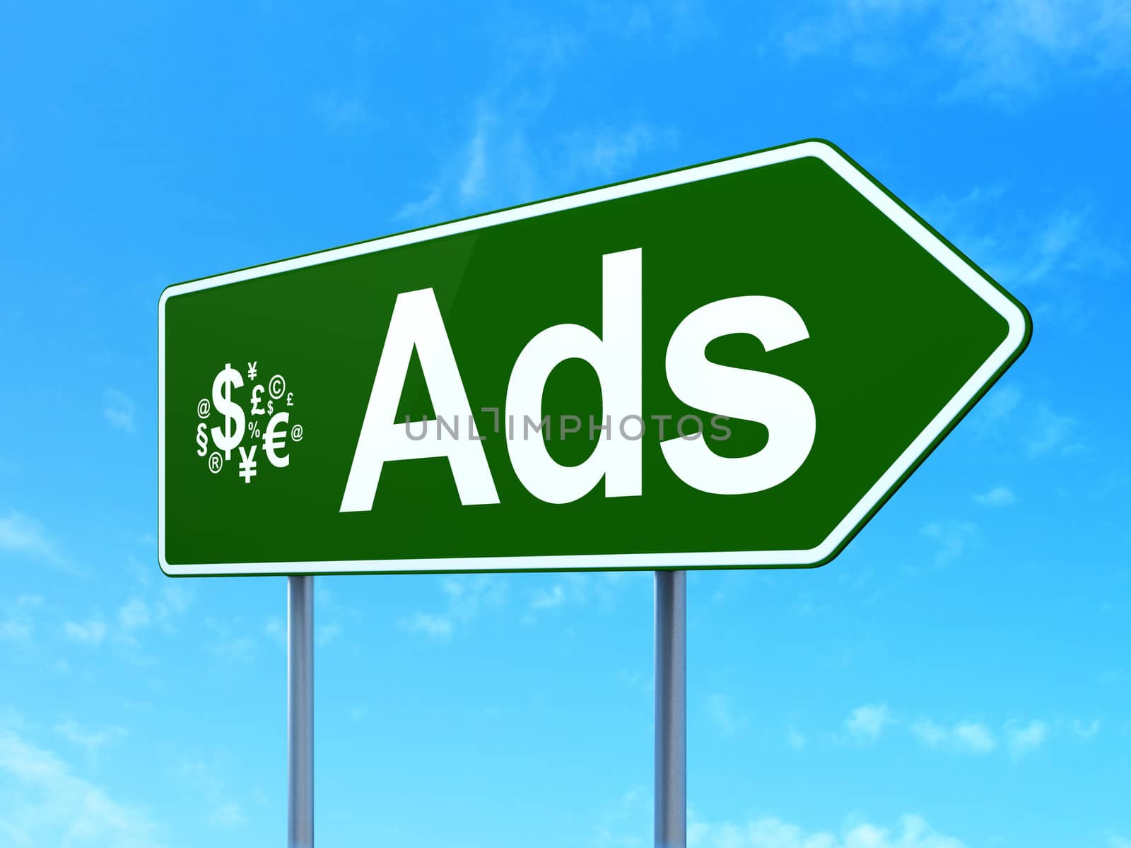Advertising concept: Ads and Finance Symbol icon on green road (highway) sign, clear blue sky background, 3d render