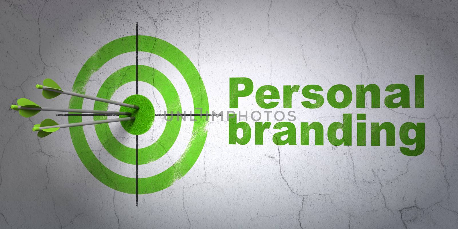 Success advertising concept: arrows hitting the center of target, Green Personal Branding on wall background, 3d render