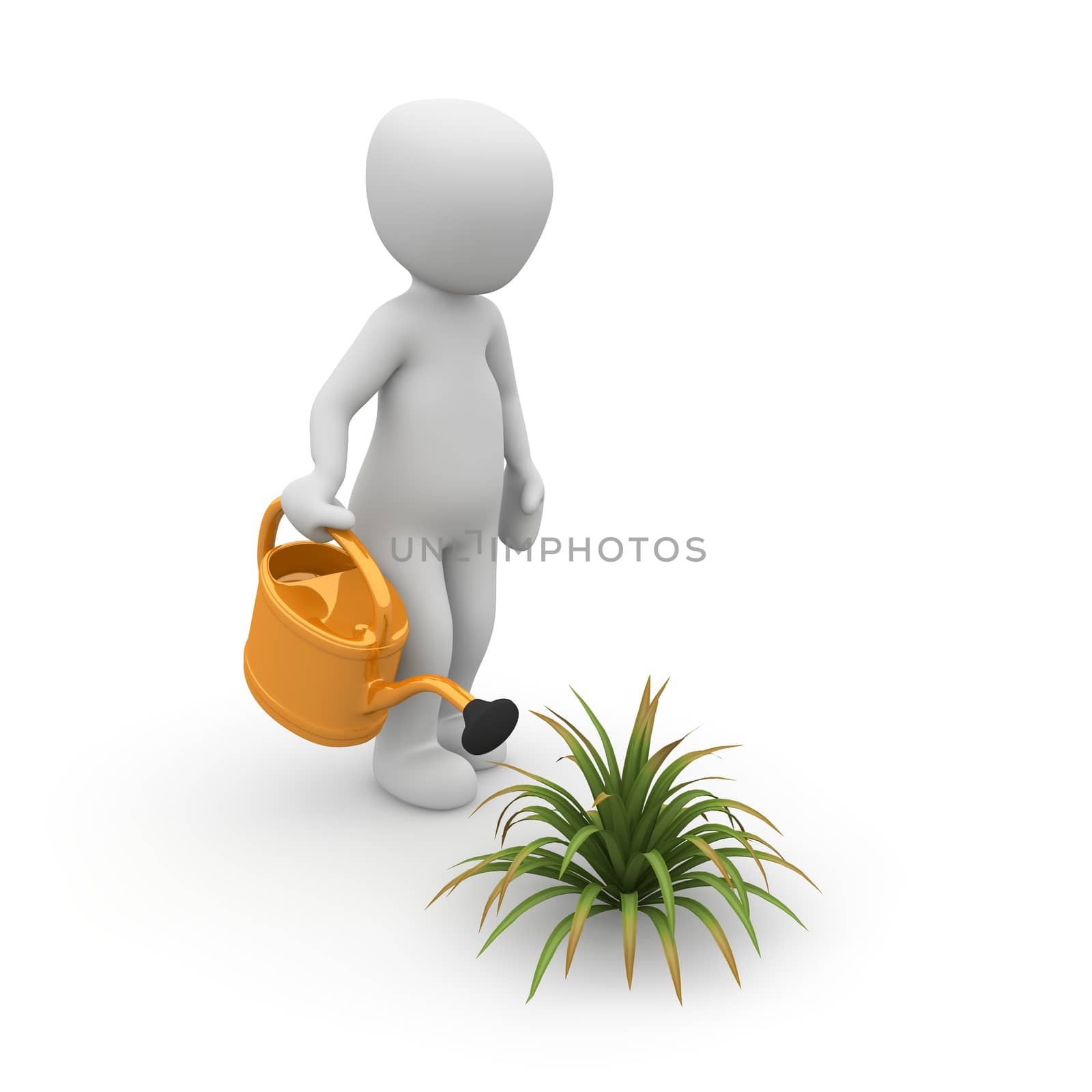 A character pours a plant with a watering can.