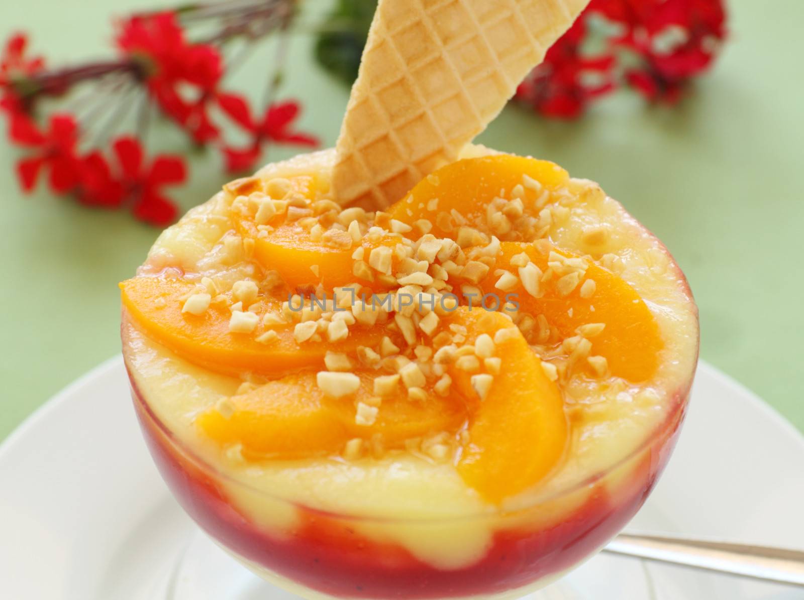 Delicious peach custard with raspberry sauce ready to serve.