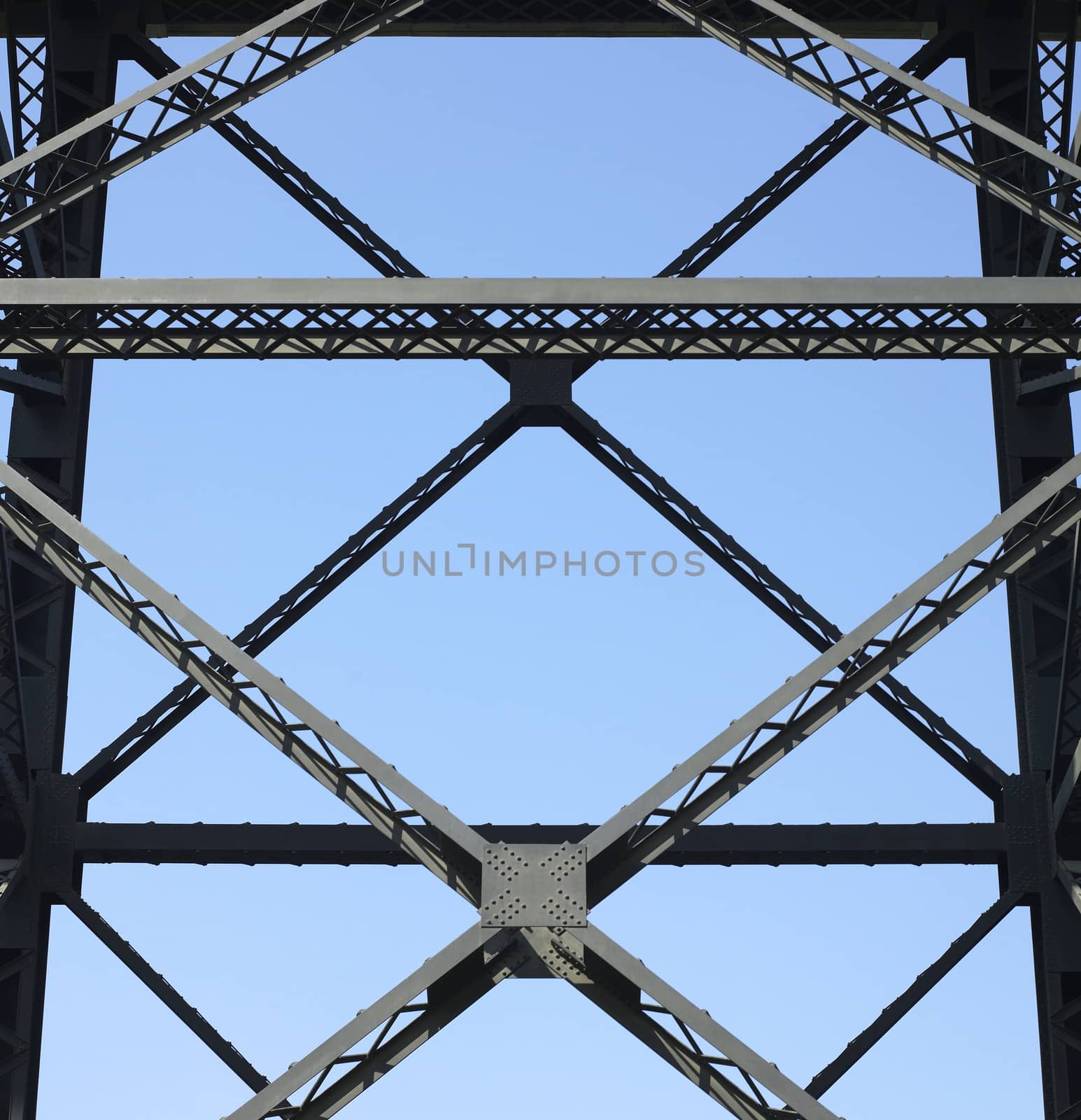 Heavy iron raillway bridge agains blue sky